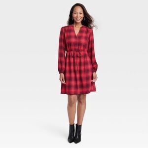 NEW Knox Rose Long Sleeve Plaid A Line Dress in Red Plaid Size Medium